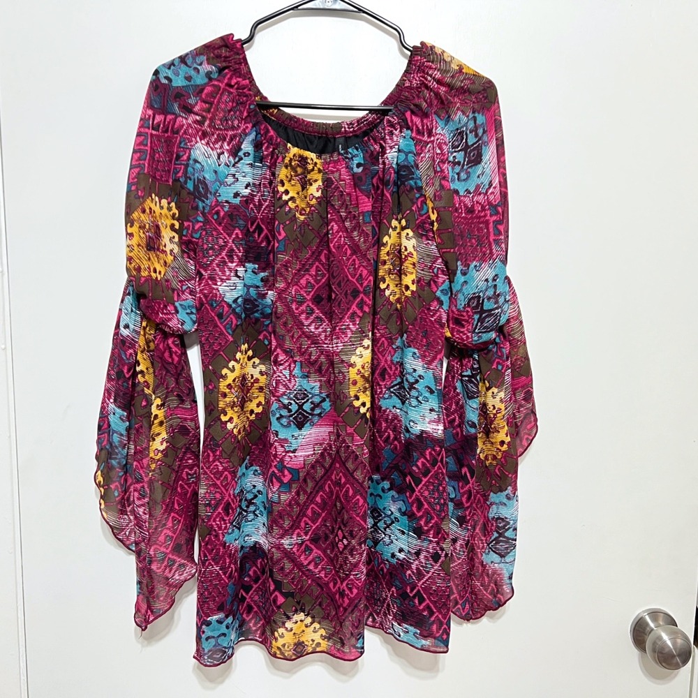 New Directions Womens Purple Multicolor Bell Sleeve Top Size M Peasant Boho 70s